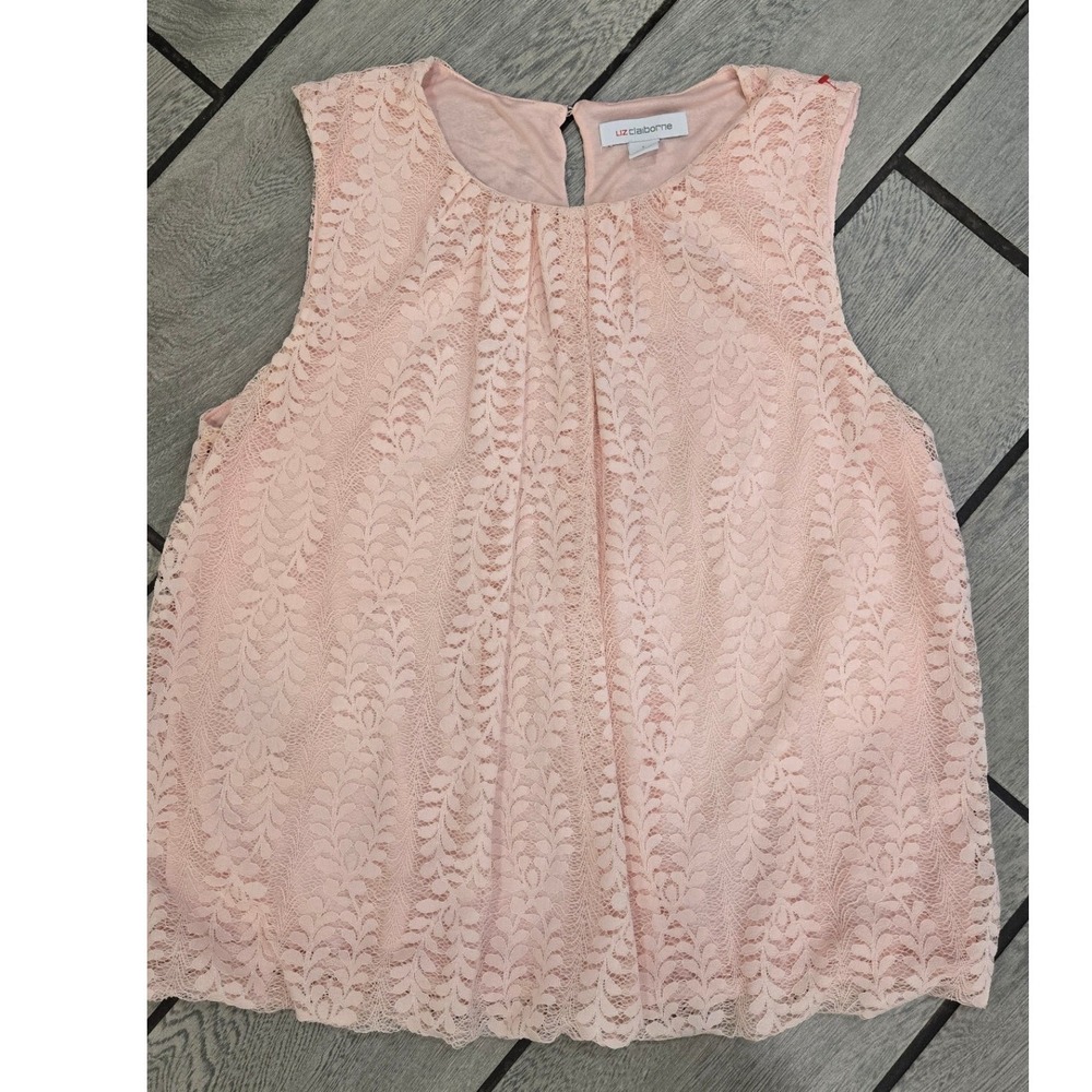 Liz Claiborne Pink Floral Lace Sleeveless Blouse Lined Crew Neck Top Large